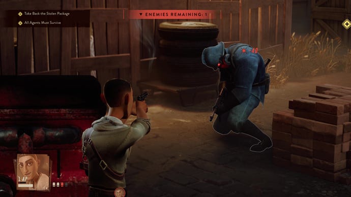 A guard gets shot by the player in The Lamplighters League