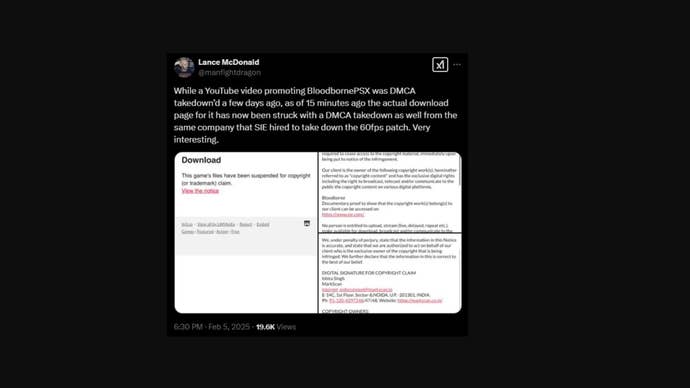 A Lance McDonald tweet explaining Sony takedowns of Bloodborne PSX.