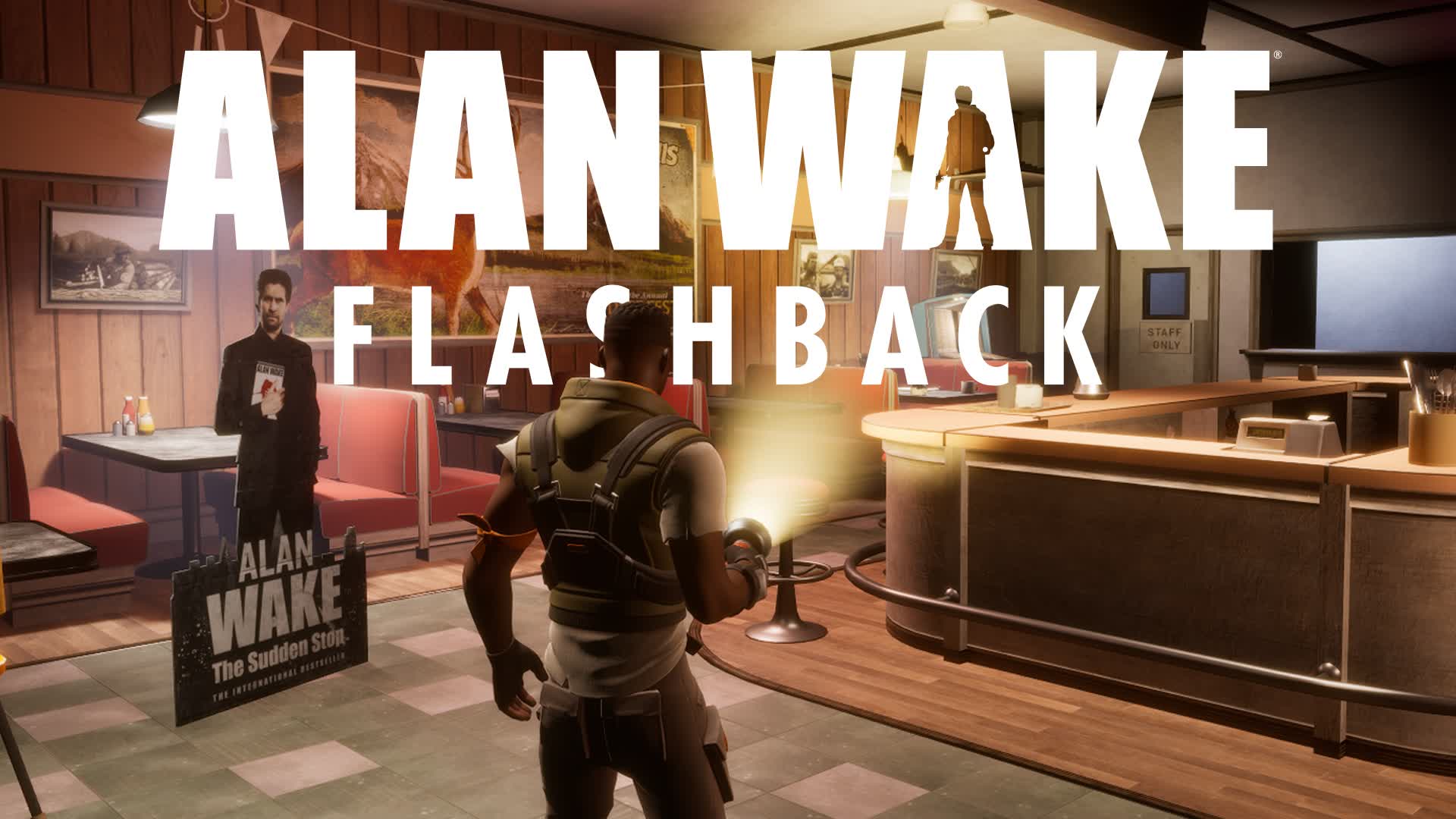 A promotional image for Alan Wake: Flashback showing the game&rsquo;s title superimposed over a recreation of the diner from the original Alan Wake.