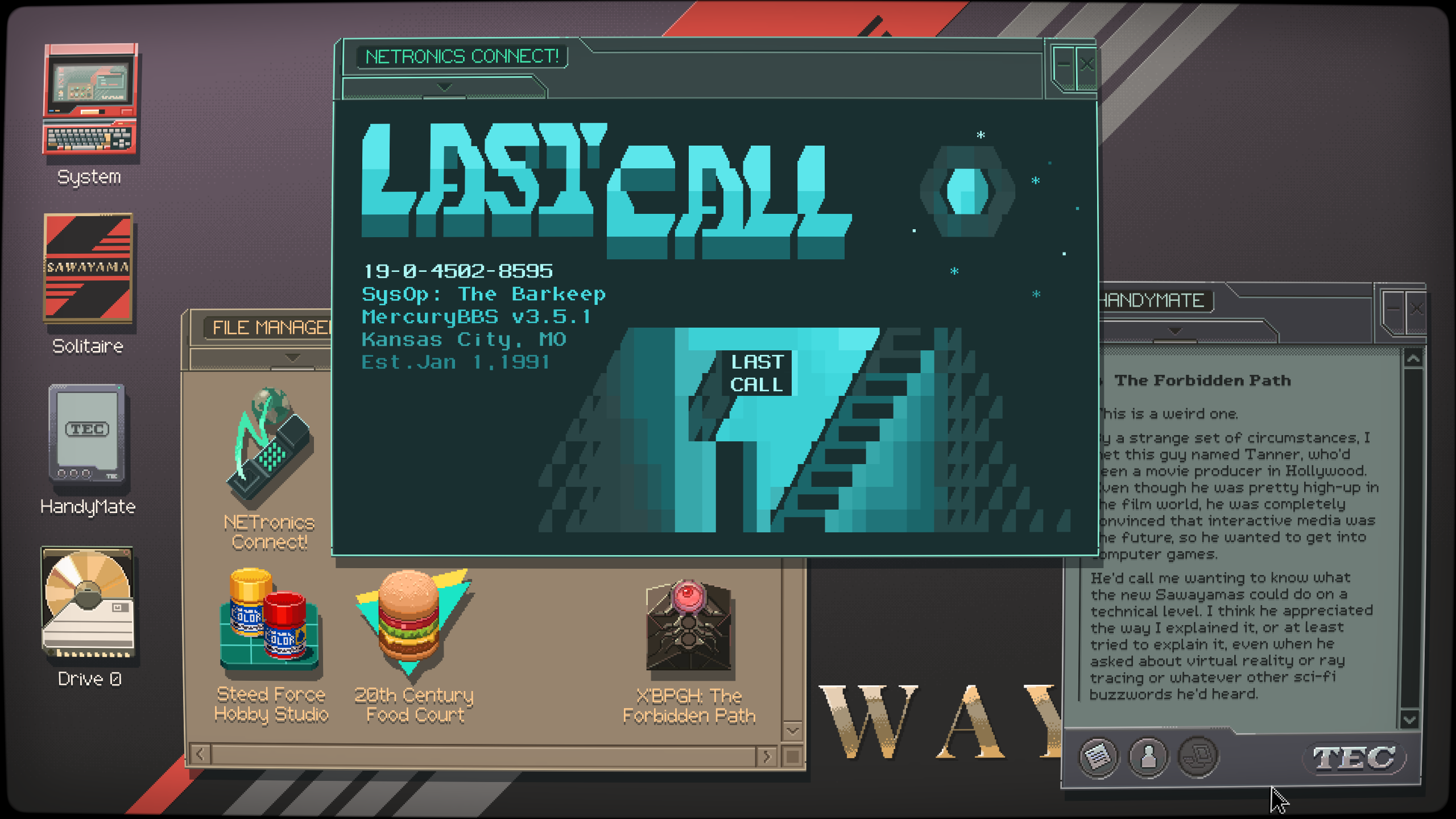 A crowded computer desktop in a Last Call BBS screenshot.