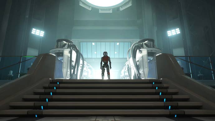 A smallish humanoid robot stands at the head of a small flight of stairs leading up to two rows of advanced pod machines. These grow humans apparently, in The Last Caretaker, and this robot will send them on a rocket to space. As one does.