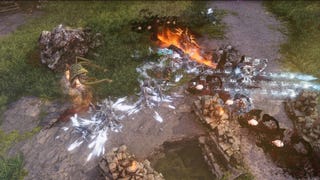 Several elemental spells are cast at once on enemies in a grassy field setting in Last Epoch