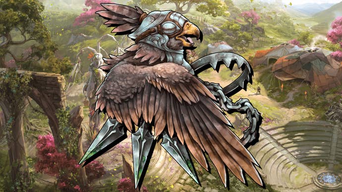 The Falconer Rogue badge from Last Epoch superimposed on a bright flower-filled landscape.