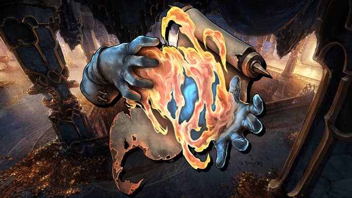 The Sorcerer Mage badge from Last Epoch superimposed on a high fantasy city landscape.