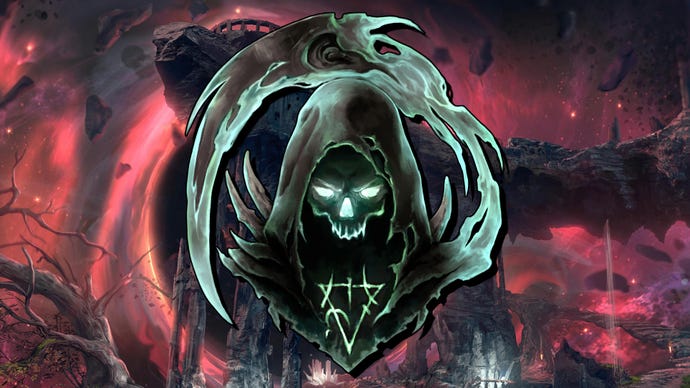 The Lich Acolyte badge from Last Epoch superimposed on a hellish landscape.