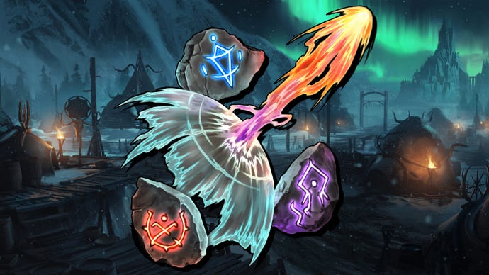 The Hydrahedron Mage badge from Last Epoch superimposed on a dark village landscape.