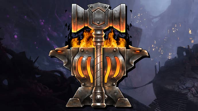 The Forge Guard Sentinel badge from Last Epoch superimposed on a dark cave landscape.