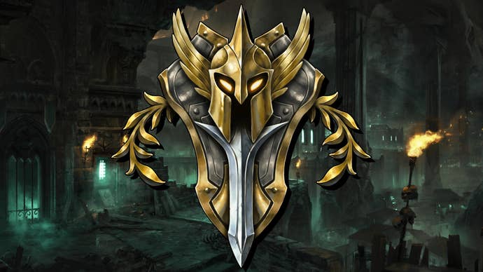 The Paladin Sentinel badge from Last Epoch superimposed on a dark underground ruins landscape.