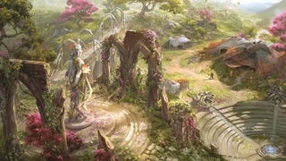 Last Epoch concept artwork showing a beautiful garden filled with ruins and a large statue