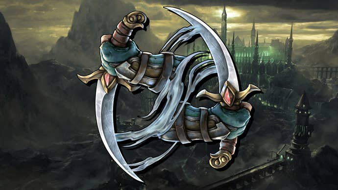 The Bladedancer Rogue badge from Last Epoch superimposed on a dark castle landscape.