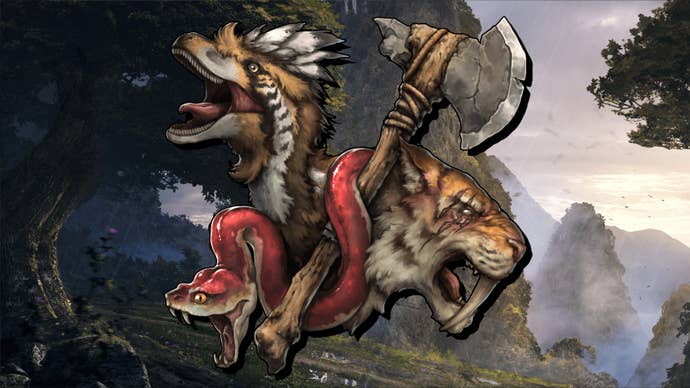 The Beastmaster Primalist badge from Last Epoch superimposed on a light rocky grassland landscape.