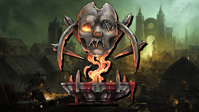 The Warlock Acolyte badge from Last Epoch superimposed on a murky city landscape.