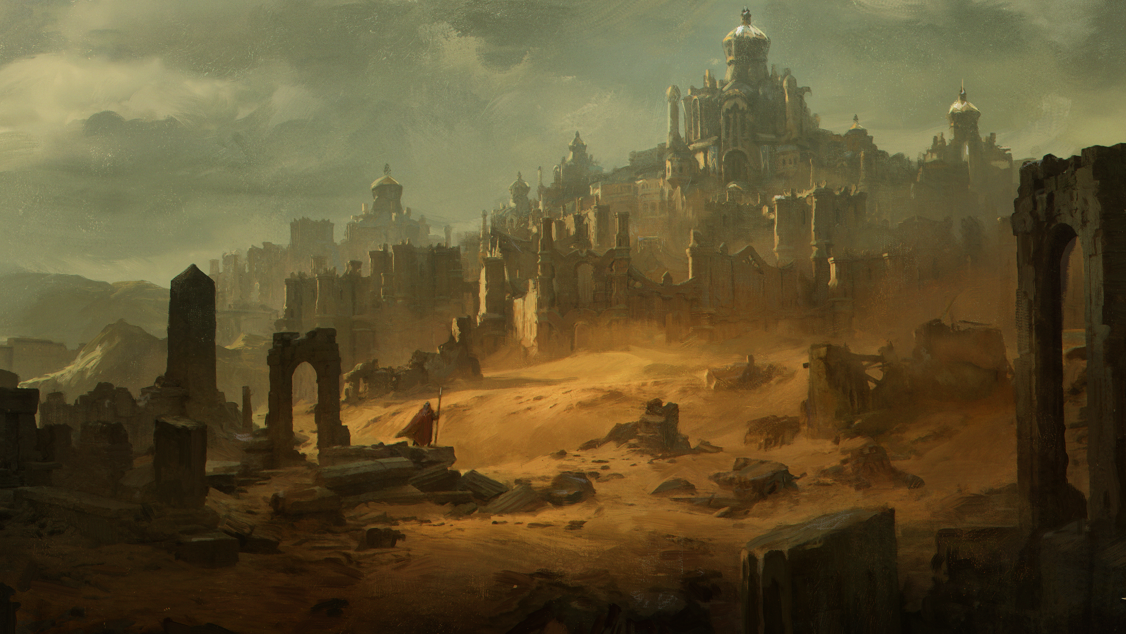 Promo artwork for Last Epoch showing a stinky-looking ruined castle atop a yellow-ish hill against grey-green foggy sky.