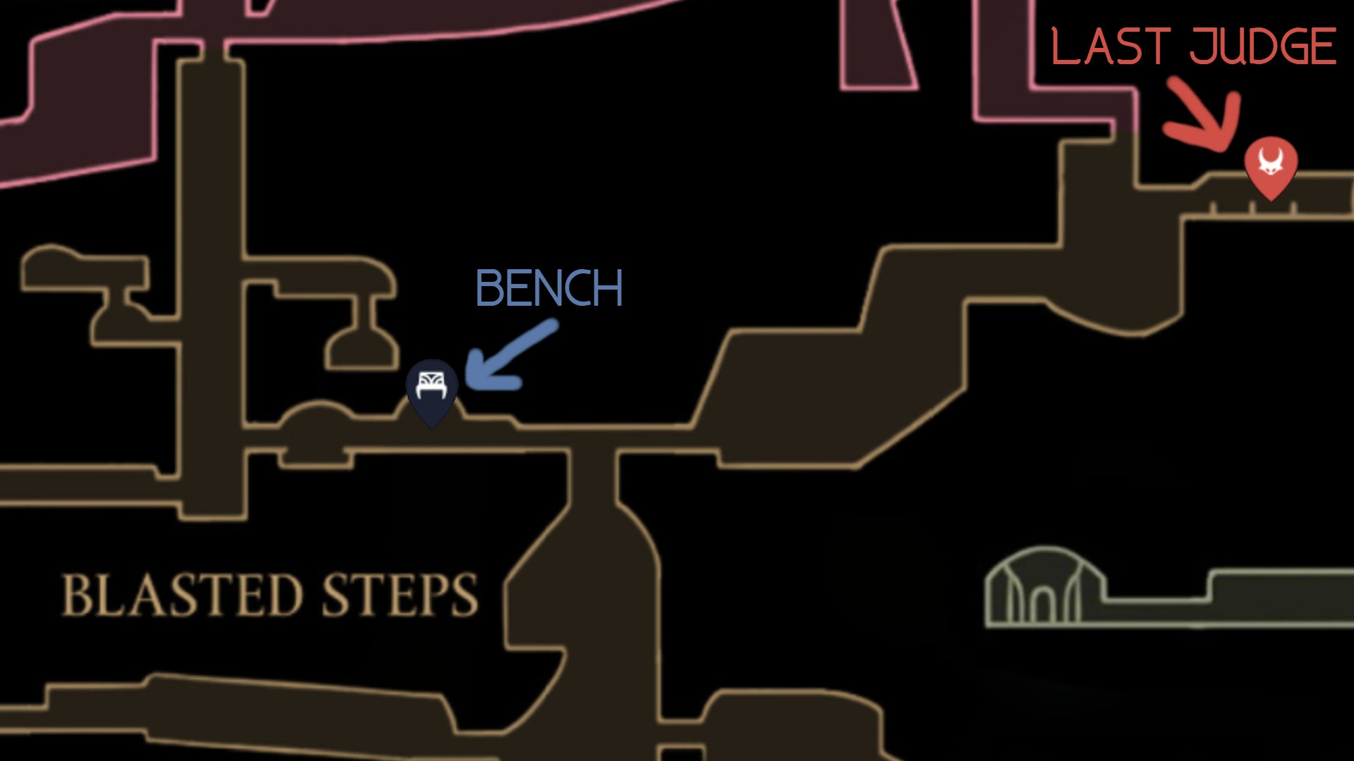 A map showing the location of the closest Bench to the Last Judge boss in Hollow Knight: Silksong's Blasted Steps. - 4