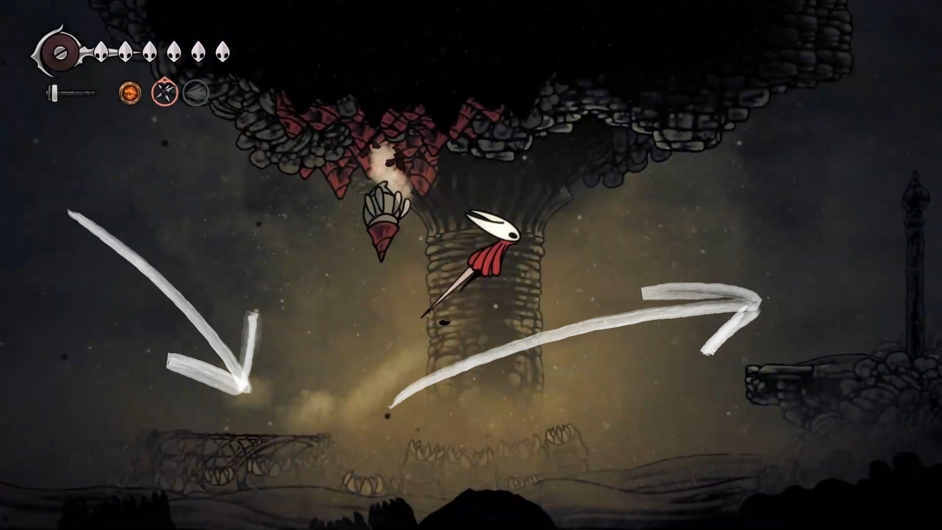 A route with white arrows showing the right path for Hornet to take to get to the Last Judge from the Blasted Steps Bench in Hollow Knight: Silksong. - 5