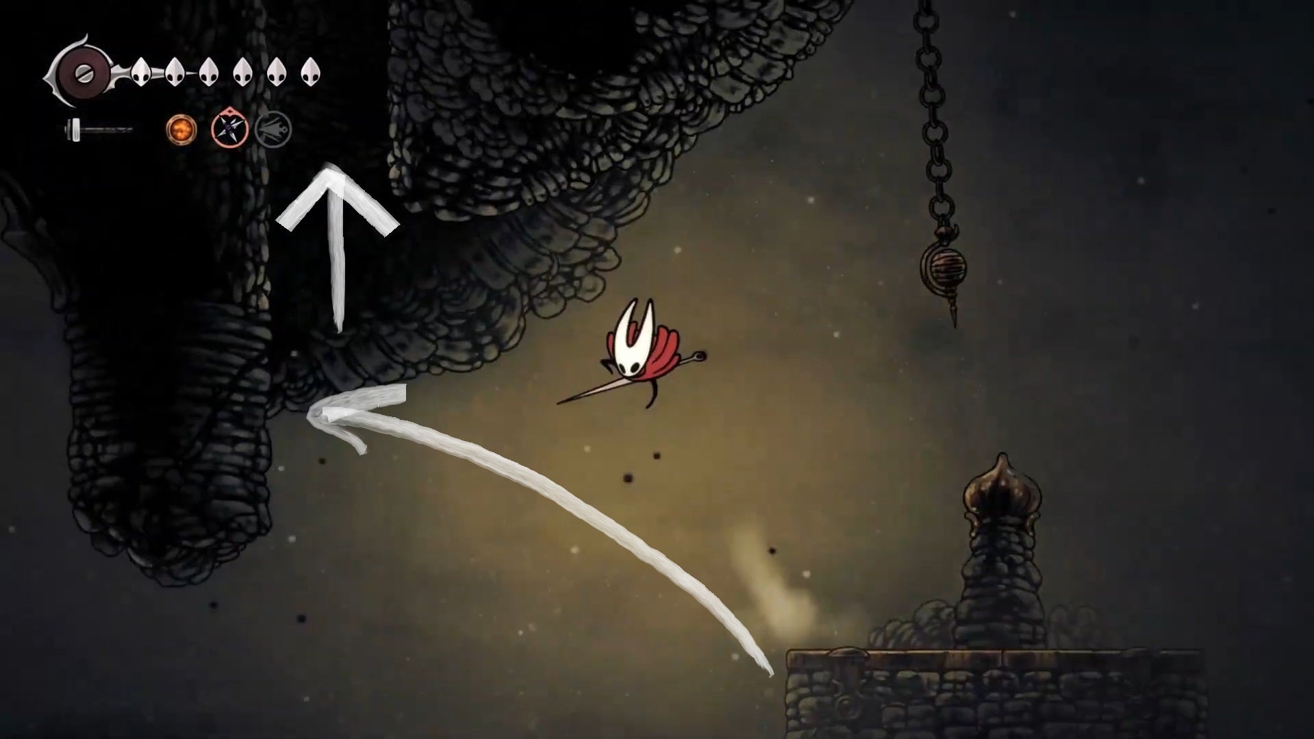 A route with white arrows showing the right path for Hornet to take to get to the Last Judge from the Blasted Steps Bench in Hollow Knight: Silksong. - 6