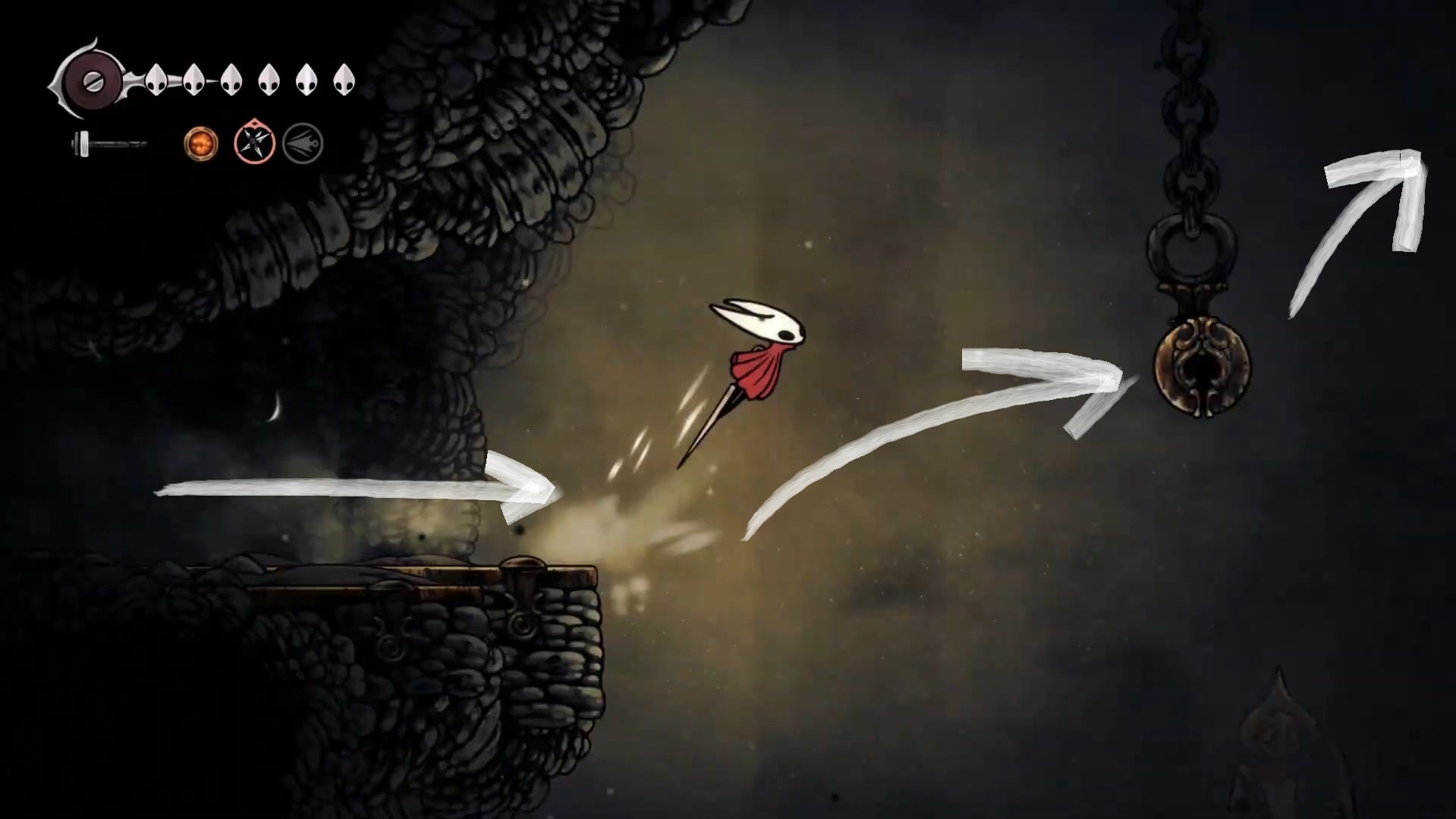 A route with white arrows showing the right path for Hornet to take to get to the Last Judge from the Blasted Steps Bench in Hollow Knight: Silksong. - 8