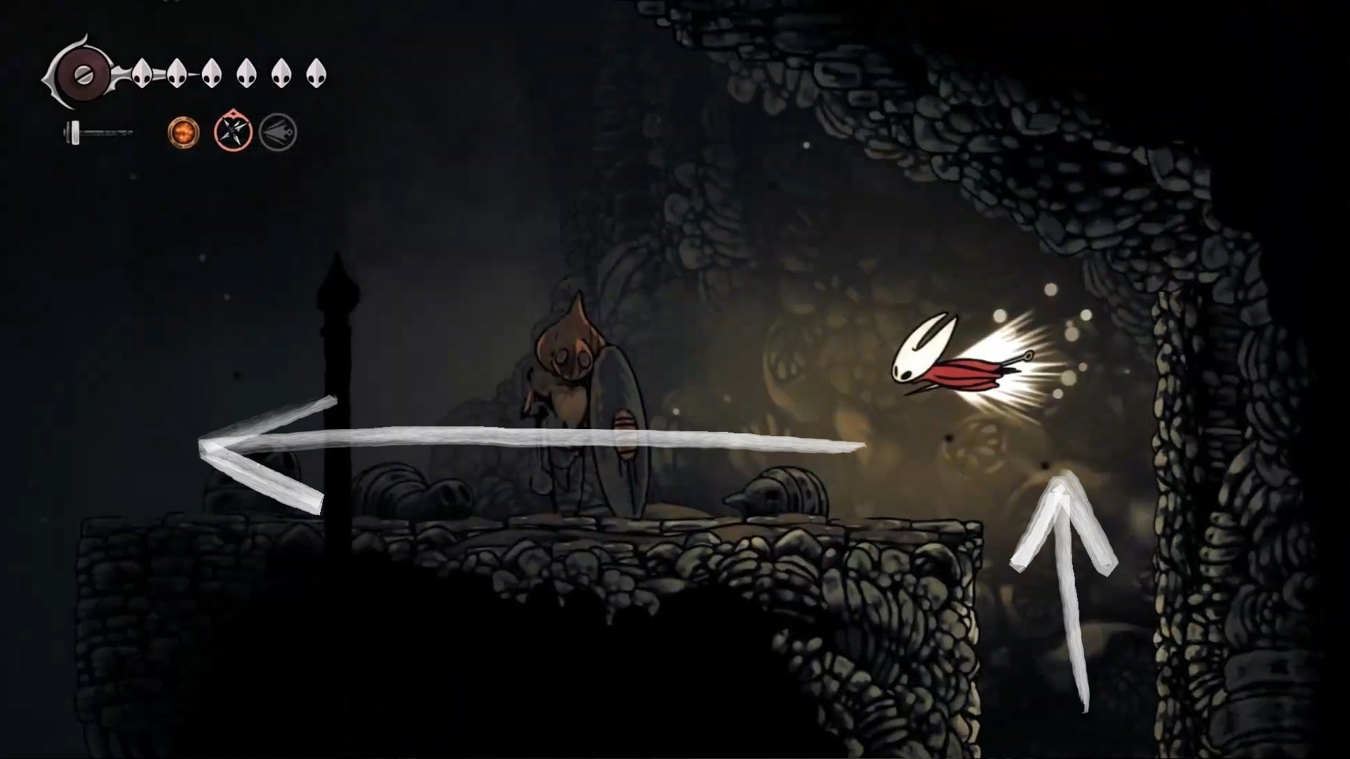 A route with white arrows showing the right path for Hornet to take to get to the Last Judge from the Blasted Steps Bench in Hollow Knight: Silksong. - 10