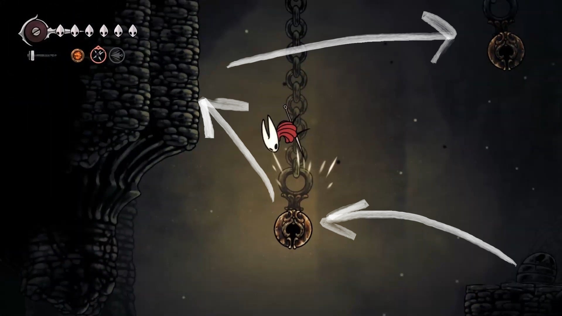 A route with white arrows showing the right path for Hornet to take to get to the Last Judge from the Blasted Steps Bench in Hollow Knight: Silksong. - 11