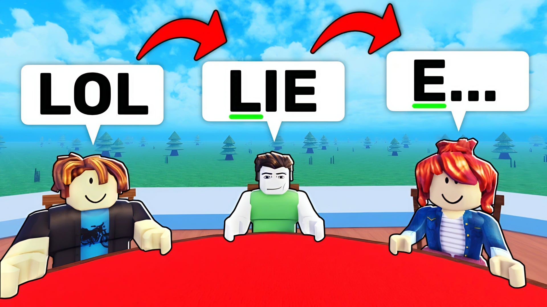 A header image for the game Last Letter on Roblox, featuring three characters spelling out words at a round table. - 1