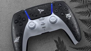 An image of The Last of Us limited edition DualSense controller, featuring a black and white colour scheme with "glossy trophy icons" printed across the surface.