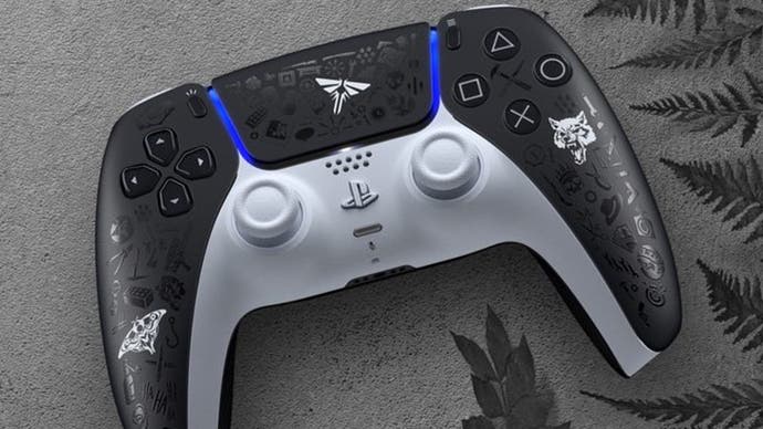 An image of The Last of Us limited edition DualSense controller, featuring a black and white colour scheme with