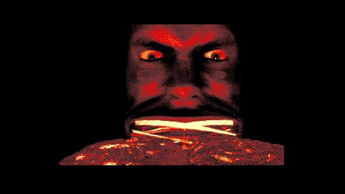 A man with mower blades for a mouth chews up all in his path.