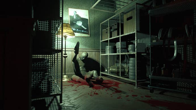 A screenshot from Layers of Fear’s free chapter showing a mannequin slumped against a wall in a pool of blood. It holds an unknown item aloft and is surrounded by shelves containing movie canisters.