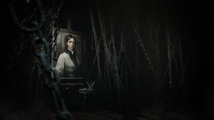 A portrait of a woman stands on an easel in a well-lit spot in an otherwise darkened room. The only visible features in the dark areas of the room are dozens upon dozens of thick metal chains.