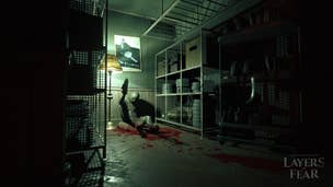A mannequin covered in blood sits slumped against the wall of a storage room surrounded by metal shelving. A movie poster on the wall behind it entitled "His Razor Blade" is illuminated by an out-of-place ornamental standing lamp. The mannequin holds out what looks like a saw to the POV viewer.