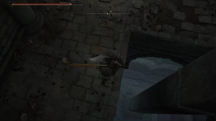 lden ring player looking down on ledge in giants mountaintops catacombs