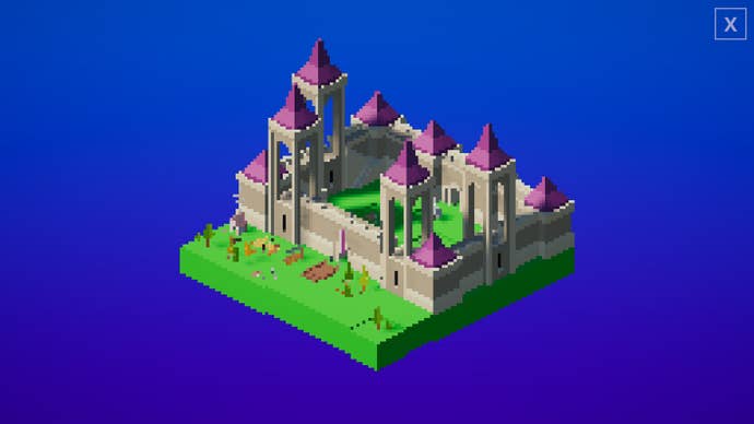 A mini castle with purple-roofed spires in Le Chateau
