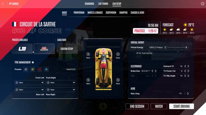 The car setup screen in Le Mans Ultimate.