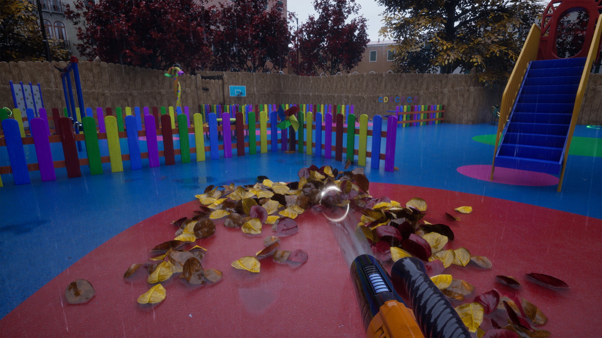 A first-person perspective of someone using a leaf blower in a children's play park on a rainy day in Leaf Blower Co. - 1