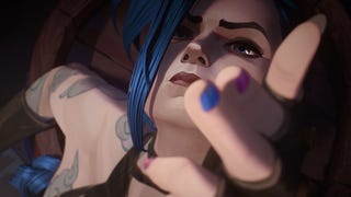 League Of Legends tv series Arcane - Jinx points two fingers in the shape of a gun at the camera