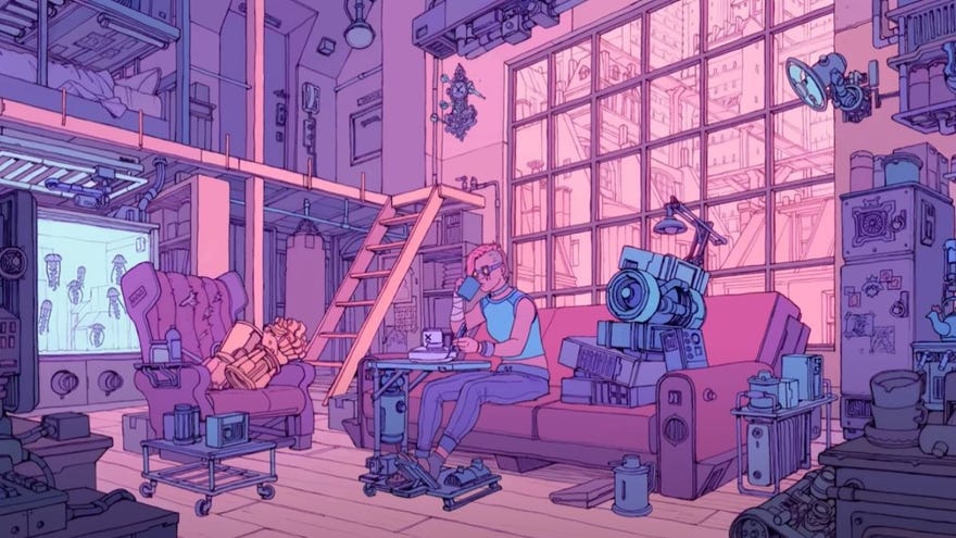 An image from the League Of Legends Sessions: Vi album video, which shows Vi unwinding in her room and sipping on a coffee.