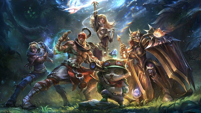 Artwork for League of Legends' patch 14.9, showing a group of characters preparing to battle