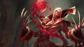 Promo art for League Of Legends' Vladimir, a blood elf-looking baddie who controls an orb of blood.