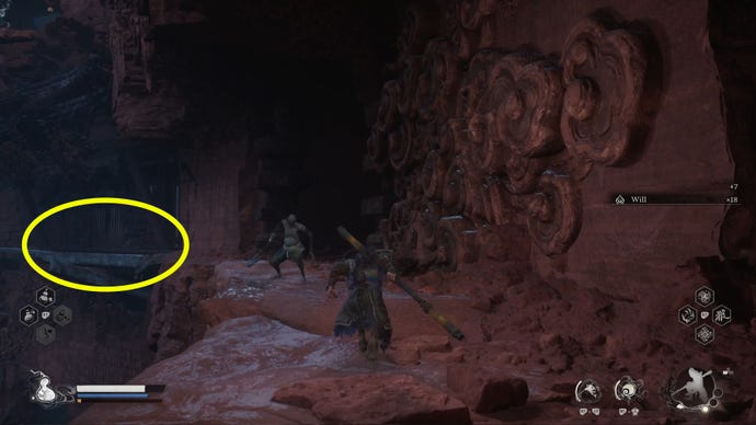 A beam in Black Myth: Wukong’s Pagoda Realm is circled to denote its importance.