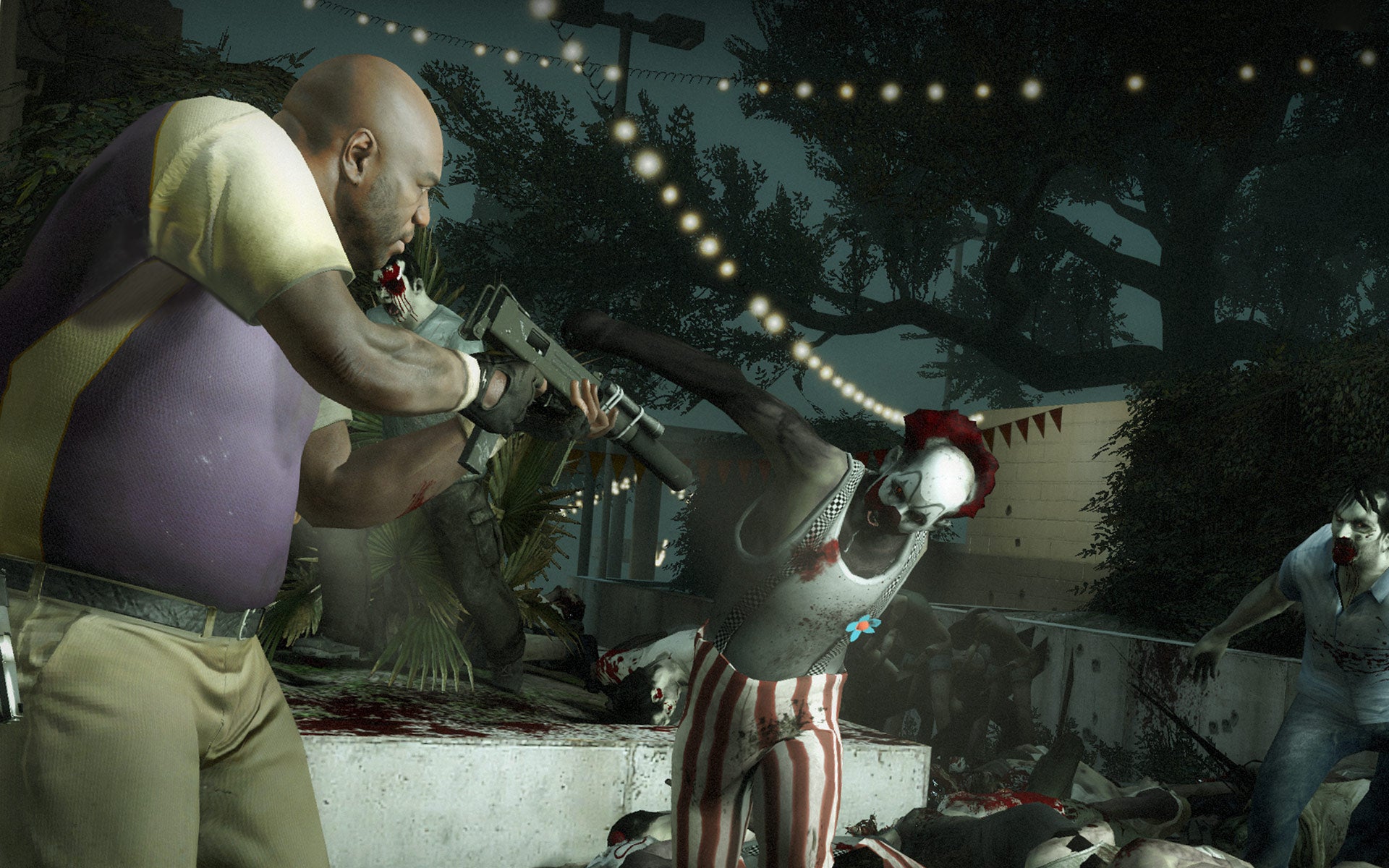 A player aims at a zombie clown that lunges at them in Left 4 Dead 2. - 19