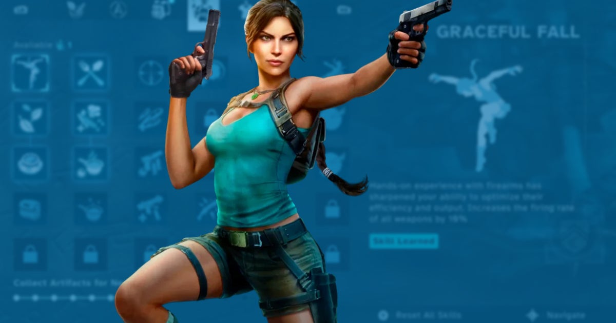 Lara Croft as she appears in Legacy of Atlantis over a screenshot of a skill tree