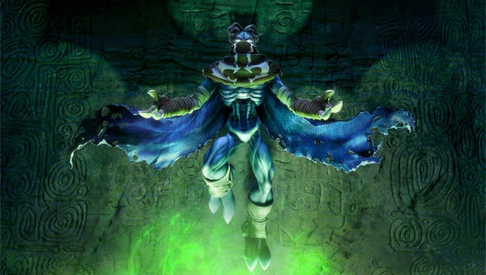 Legacy of Kain: Soul Reaver 1 & 2 Remastered art showing protagonist Raziel bathed in green light and floating off the ground with his cape outstretched.