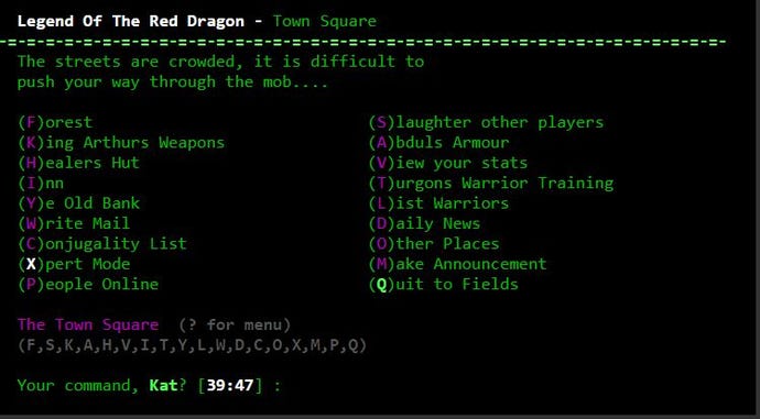 A screenshot showing the different options when visiting the town square in Legend Of The Red Dragon, such as going to Ye Old Bank, the Inn, or slaughtering other players.