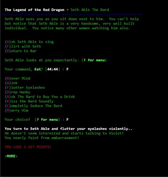 A screenshot of the player character attempting to flirt with Seth the Bard by fluttering their eyelashes. It fails, and the player character loses a HP out of sheer embarrassment.