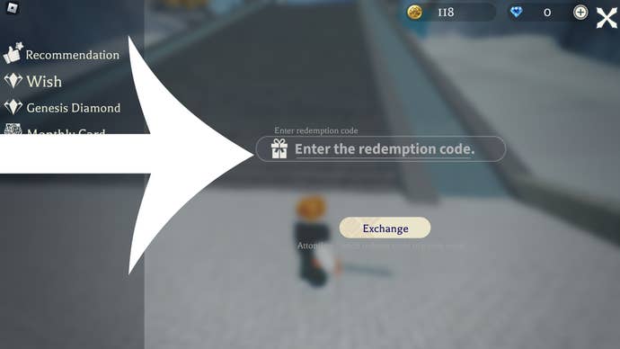 Arrow pointing at the textbox players use to redeem codes in the Roblox game Legend of Immortals.