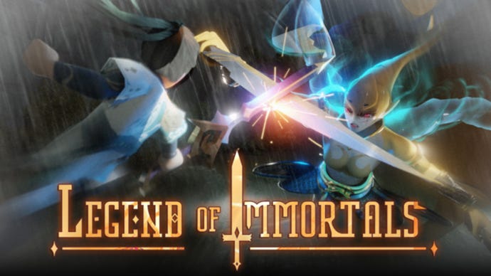Artwork for Roblox game Legend of Immortals showing two characters having a sword fight with sparks flying as blades clash.
