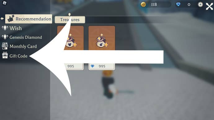 Arrow pointing at the button players need to press to access the codes menu in Roblox game Legend of Immortals.