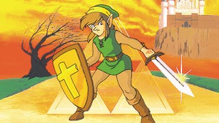 Vintage artwork for the Zelda game The Adventure of Link. The familiar green-clothed elf stands before us, with an awkwardly determined look on his face.