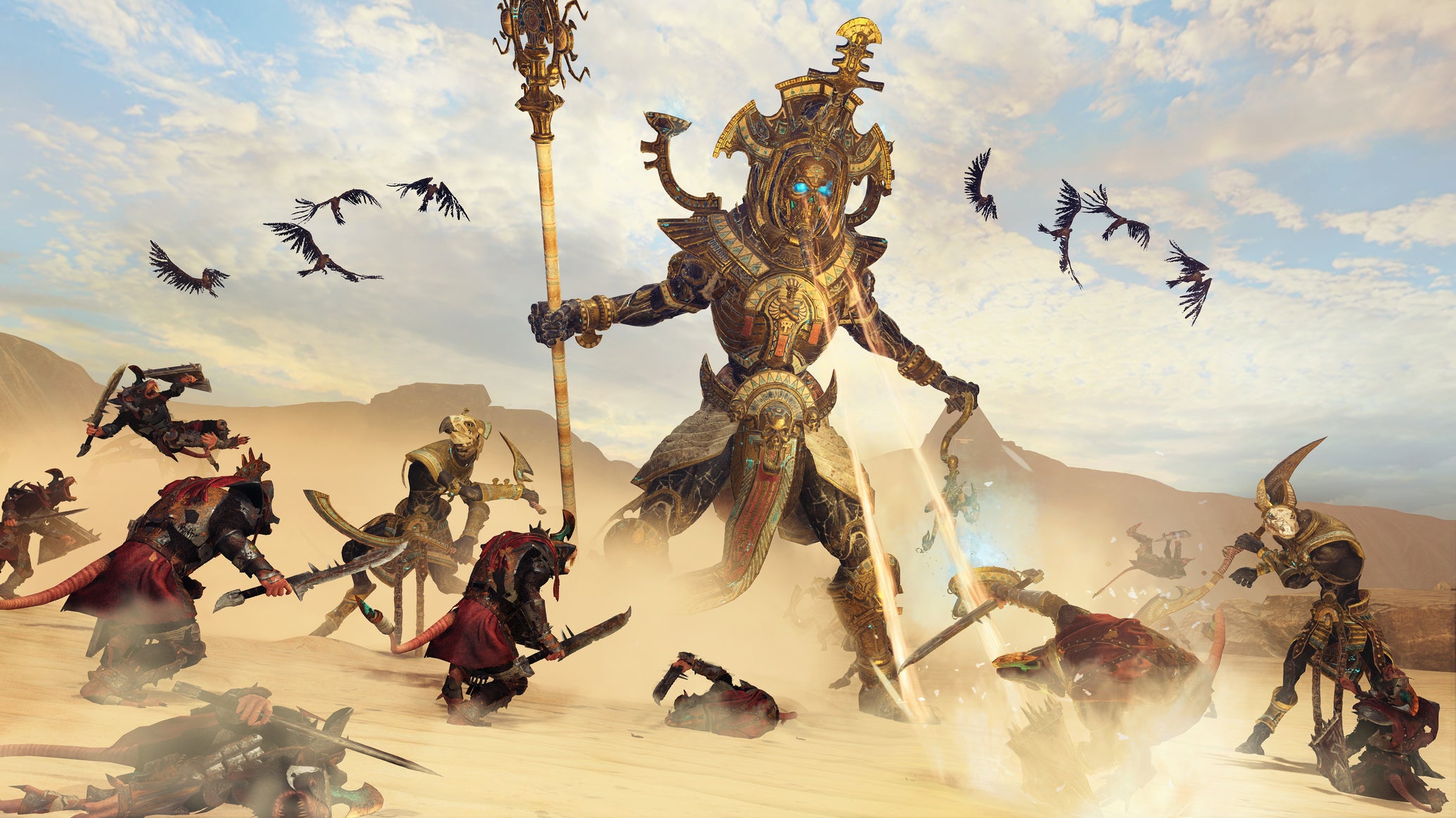 A towering undead Egyptian-style warrior blasting ratfolk with eye lasers in Total War: Warhammer. - 1