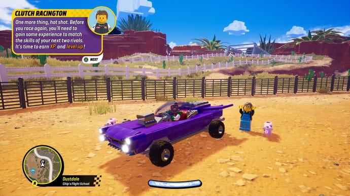 A screenshot from Lego 2KDrive which shows a purple muscle car next to a pig farmer, a pop-up on the screen says to “earn more EXP”.